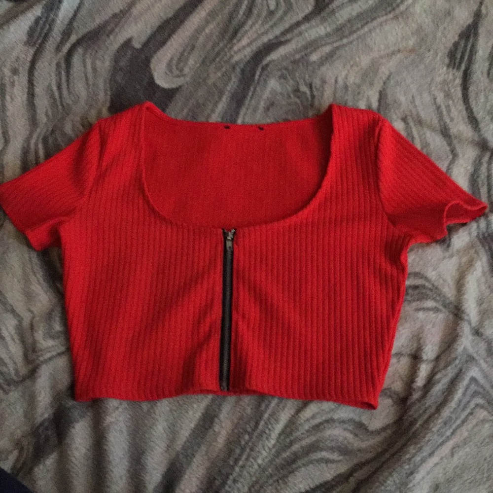 red zip up crop top